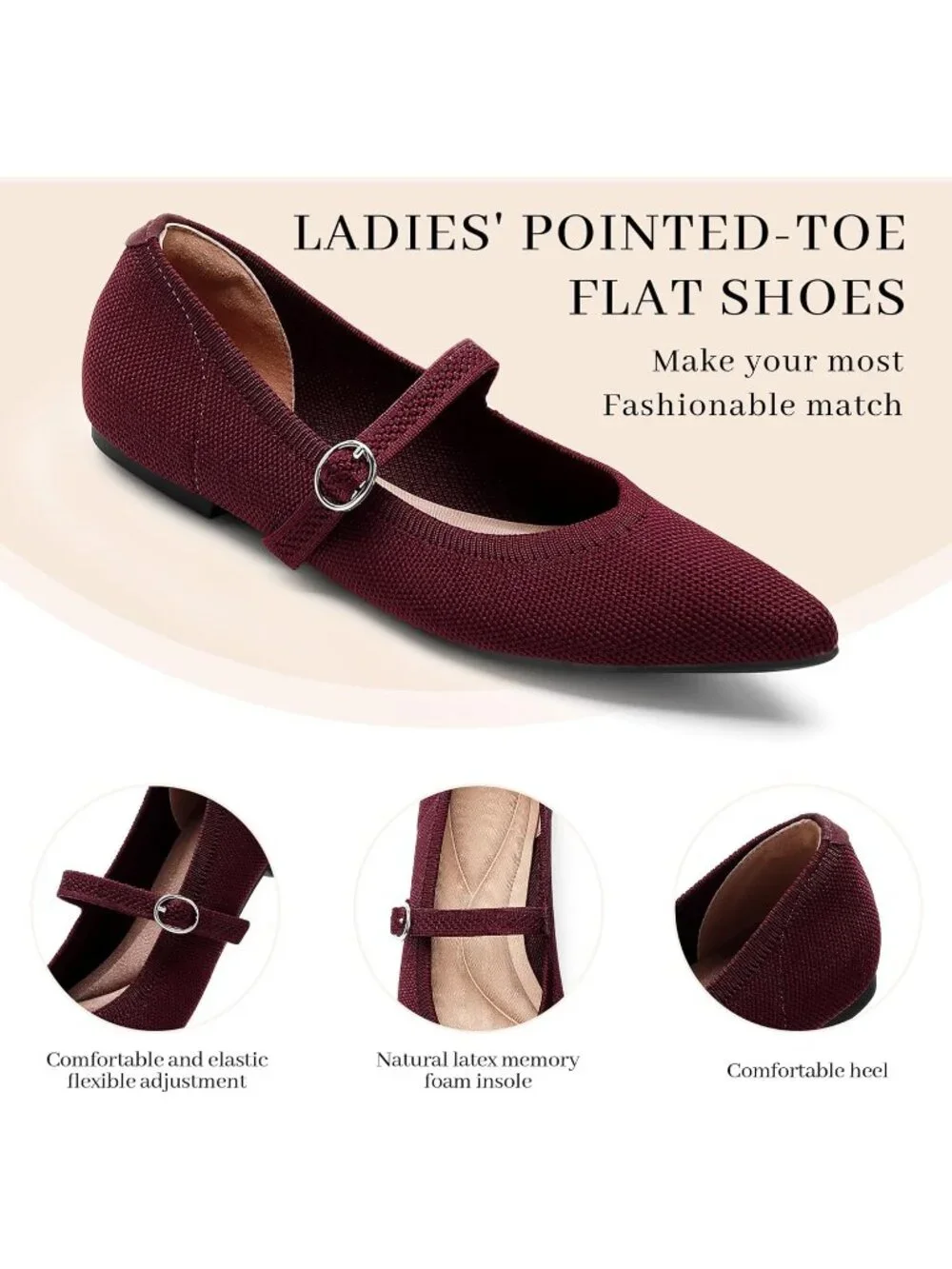 Women Wine Red Knit Flats Pointed Tip Casual Ballet Flat Shoes with Ankle Strap